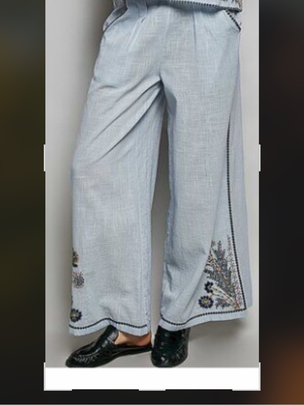 New POL Boho Embroidered Light Blue Linen Blend wideleg - Floral Detail pants SZ
